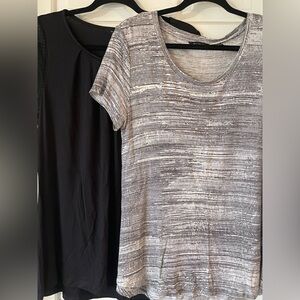 H By Halston Lot Of 2 SS Tops Black W/Open Weave Accents & Blk/Wht Striped Sz MD